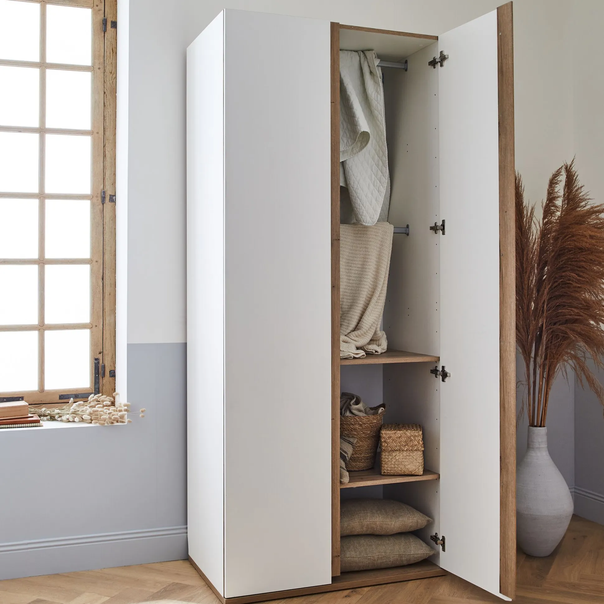 Armoire de dressing 2 portes battantes en bois effet chêne H235xL100cm - blanc
