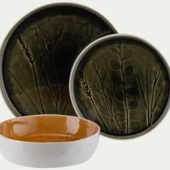 Assiette à dessert impressions végétales en grès D20cm - vert avocado