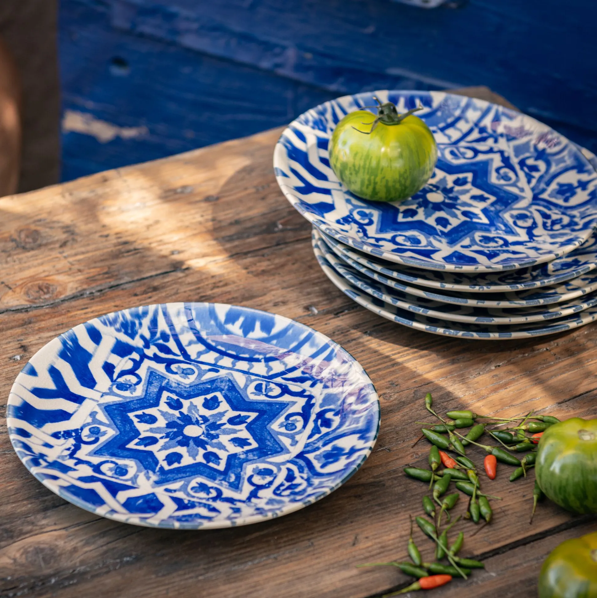 Assiette à dessert motif mandala en grès D21,6cm - bleu