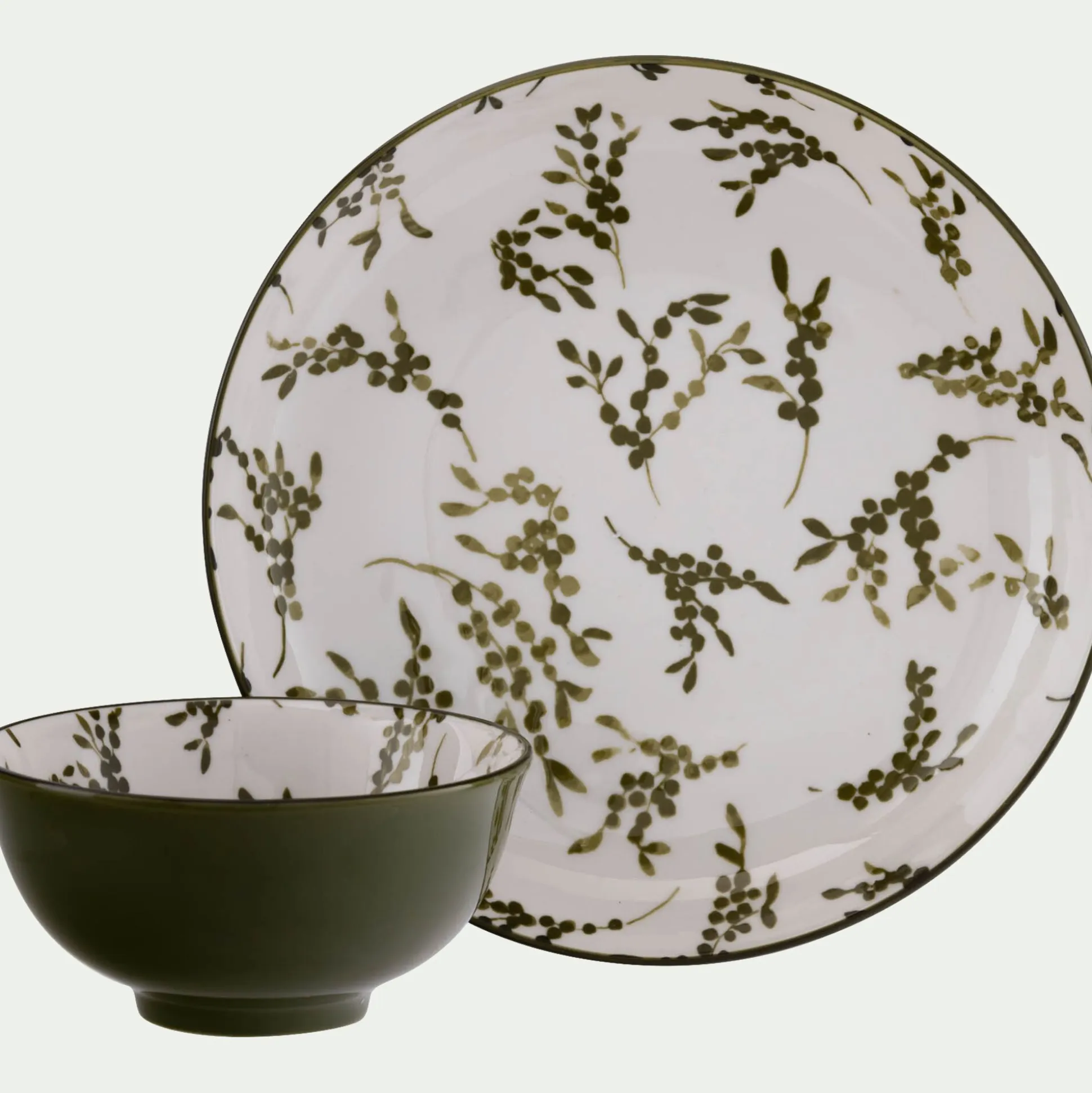 Assiette à dessert motif végétal en porcelaine D20cm - vert