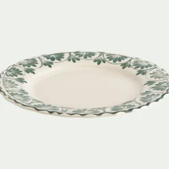 Assiette plate en grès à motif floral vert D28cm - blanc