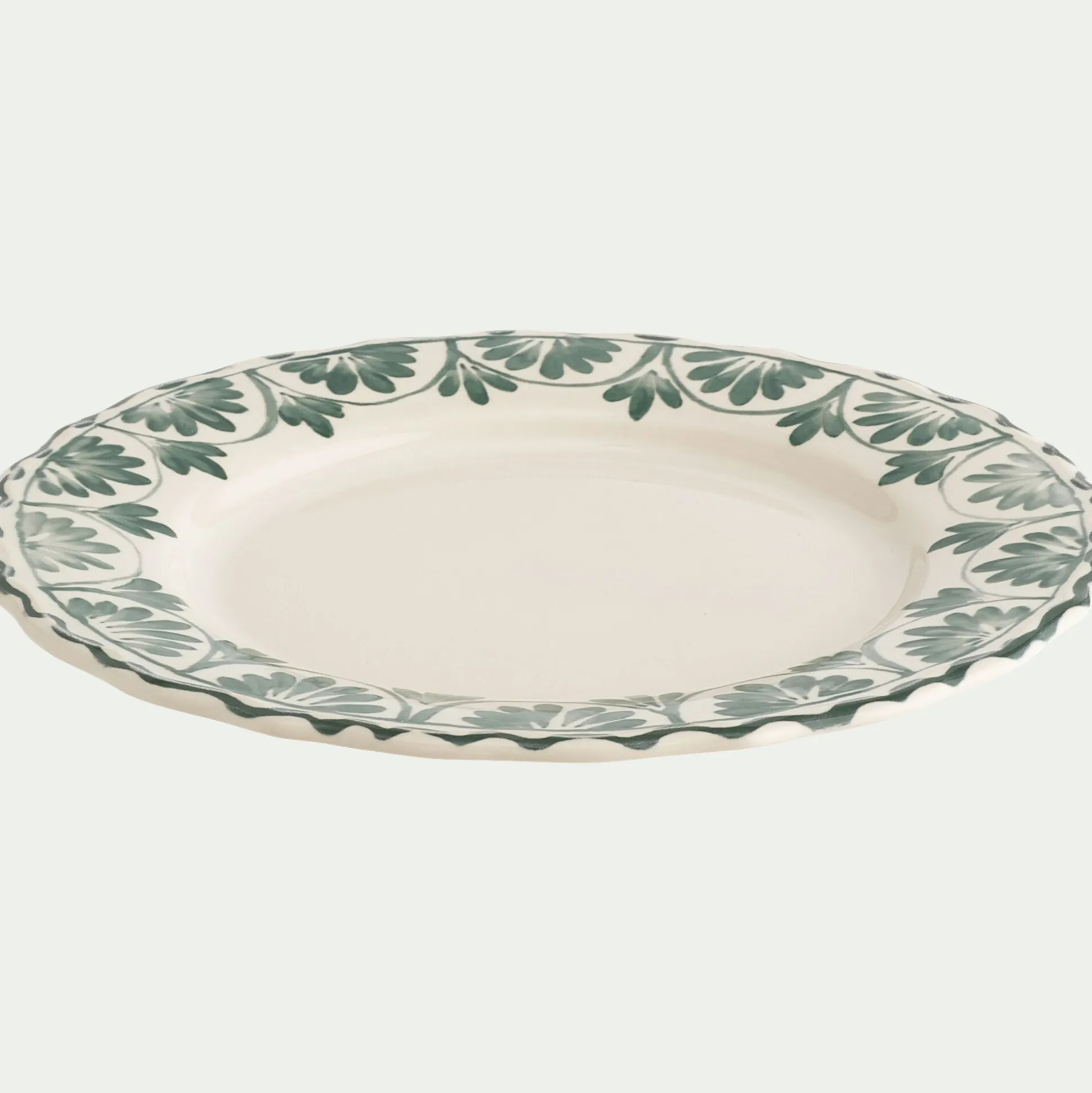 Assiette plate en grès à motif floral vert D28cm - blanc