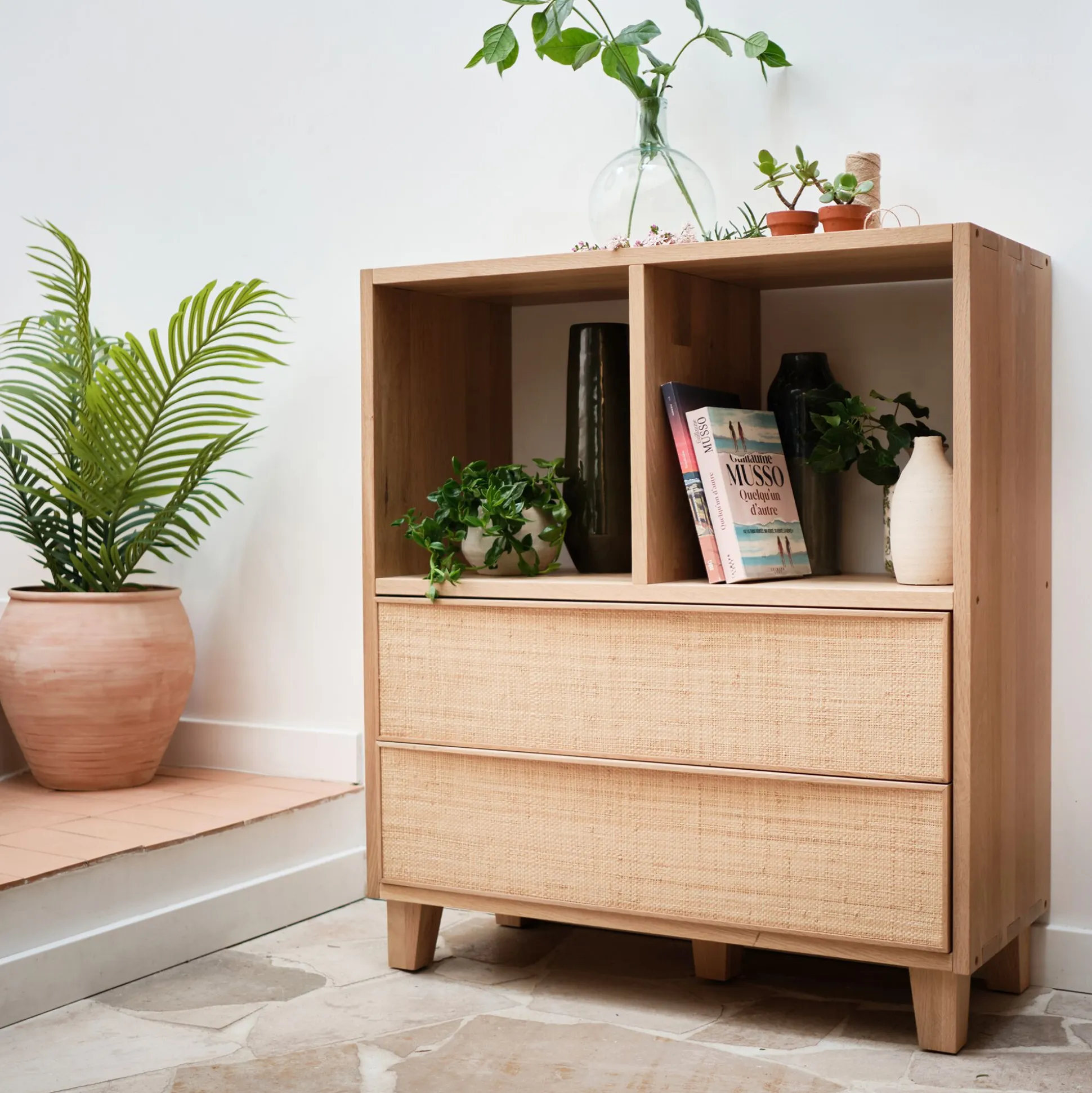 Bloc de 2 grands tiroirs en chêne et raphia L82cm - bois clair