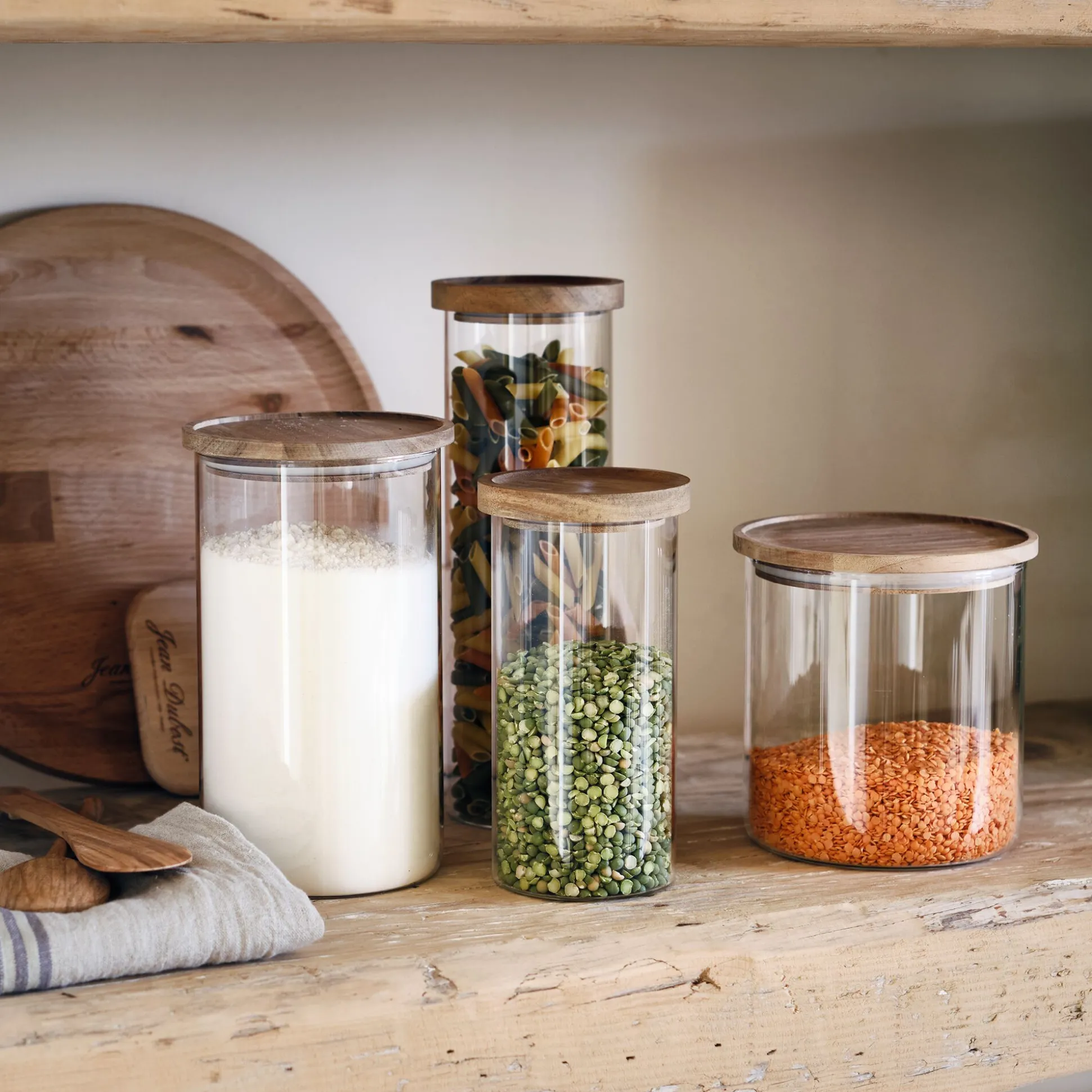 Bocal en verre avec couvercle en acacia 1L - transparent