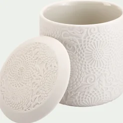 Boîte déco gravure florale en grès - blanc D10xH11cm