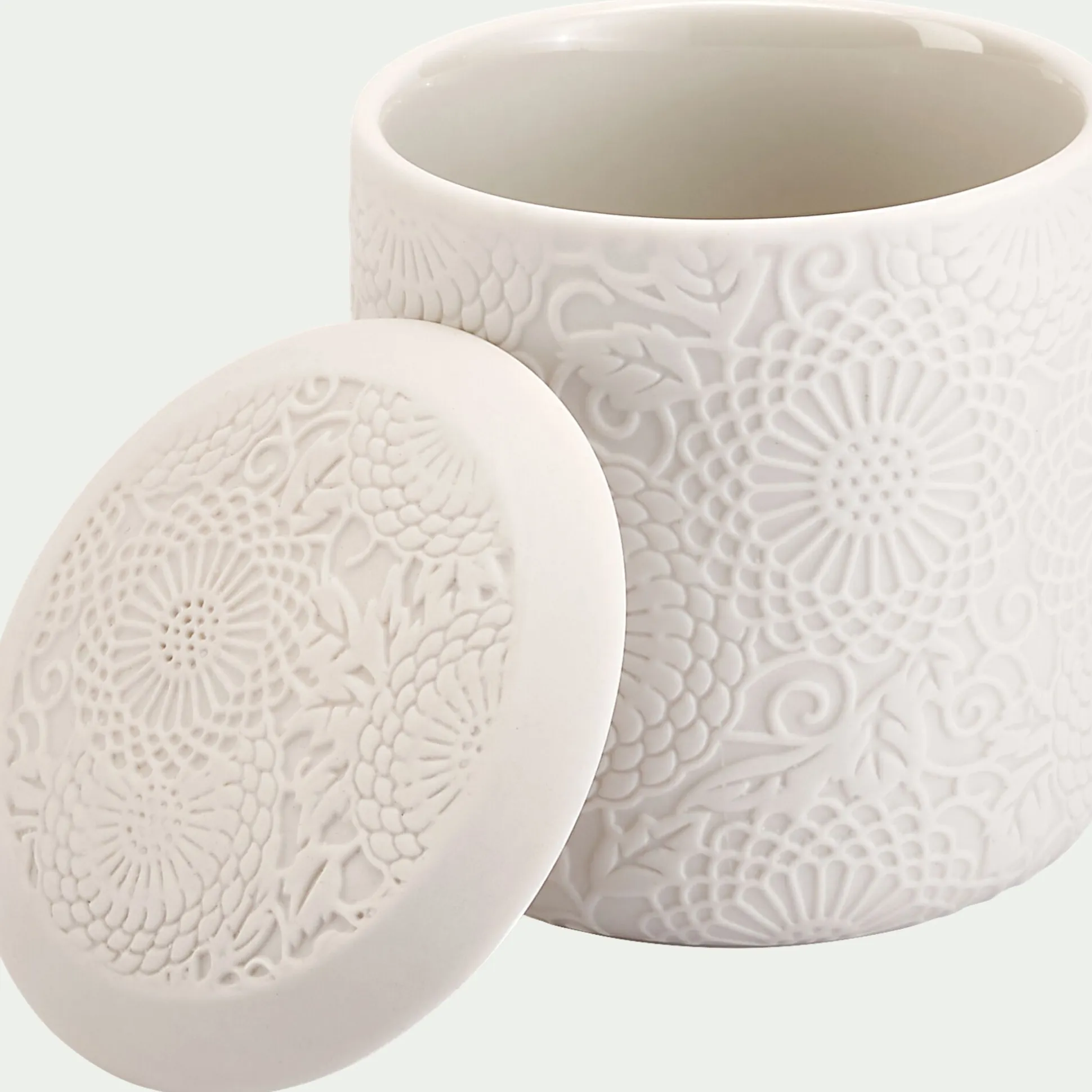 Boîte déco gravure florale en grès - blanc D10xH11cm