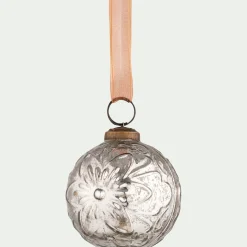 Boule de Noël motif floral en verre D8cm - argenté