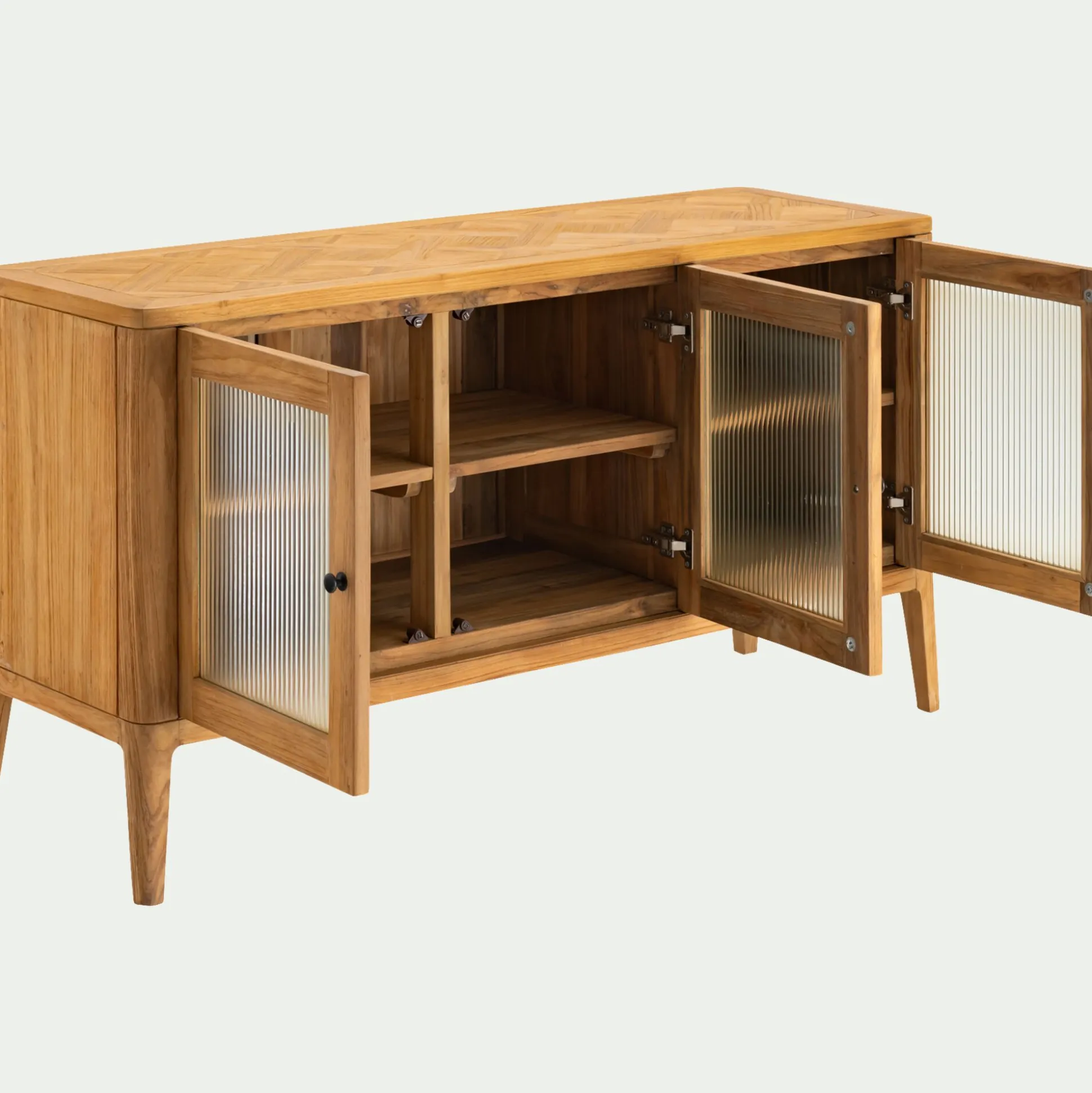 Buffet bas en teck recyclé et portes vitrées - bois clair