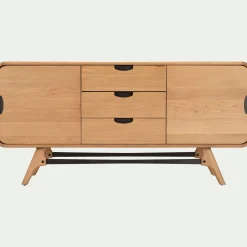 Buffet bas plaqué chêne 2 portes et 3 tiroirs et piètement chêne massif - bois clair