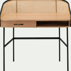 Bureau avec rangement en bois et rotin - bois clair L105xl59XH96cm