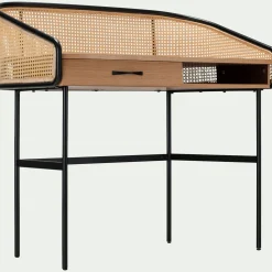 Bureau avec rangement en bois et rotin - bois clair L105xl59XH96cm