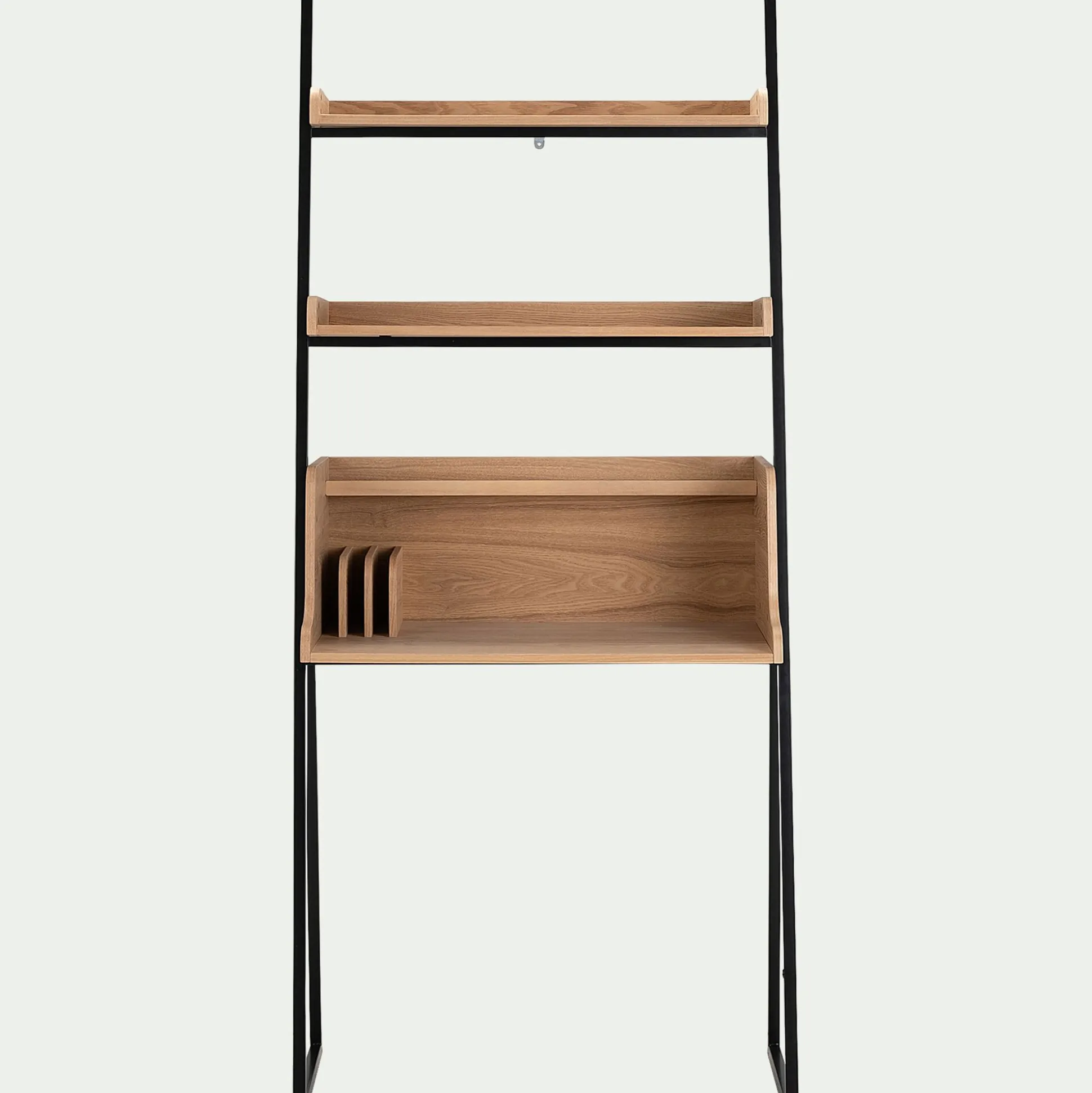 Bureau plaqué frêne et métal noir avec 2 tablettes L80cm - bois clair