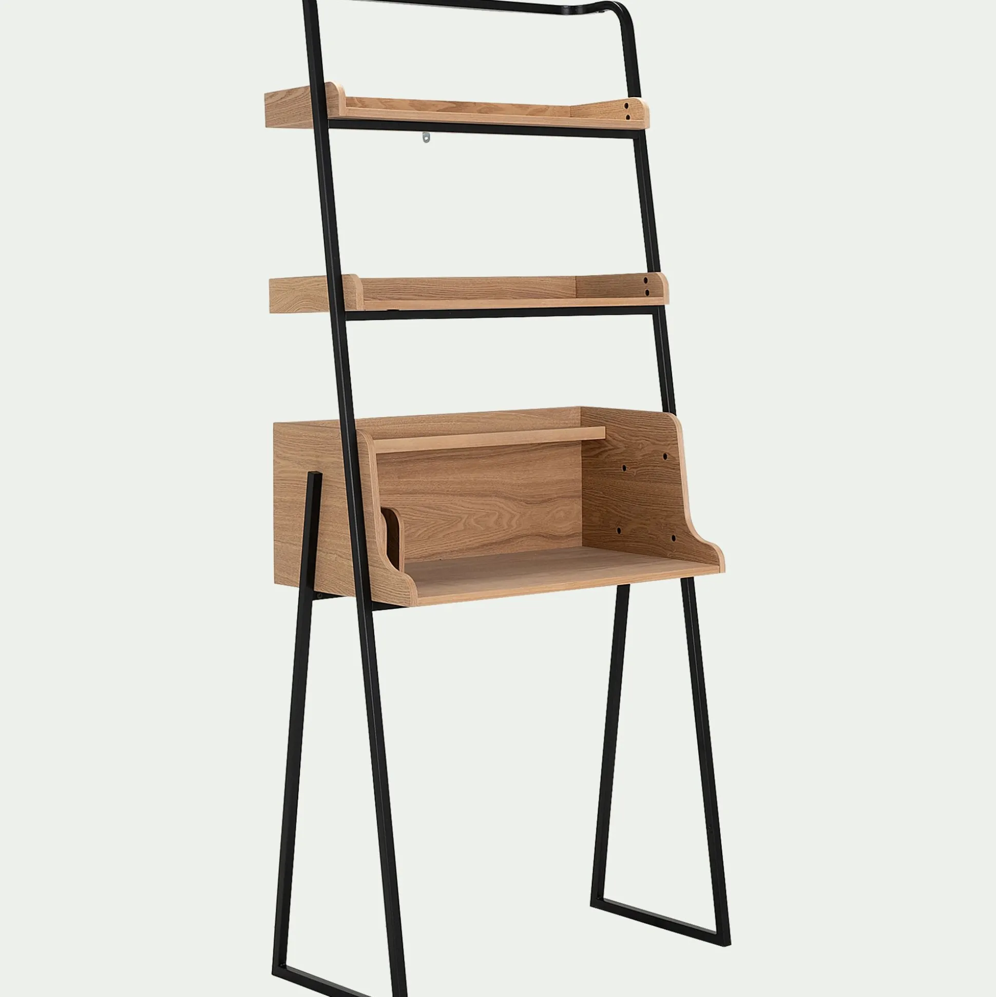 Bureau plaqué frêne et métal noir avec 2 tablettes L80cm - bois clair