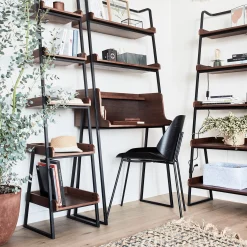 Bureau plaqué noyer et métal noir avec 2 tablettes L80cm - bois foncé