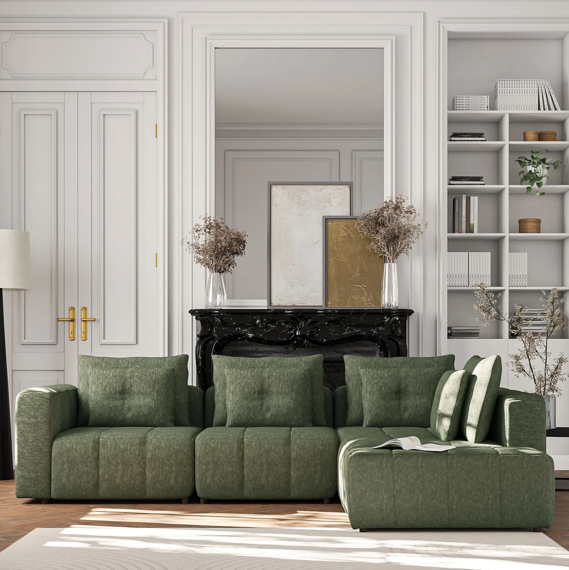 Canapé d'angle droit avec pouf en tissu Benjo - vert cèdre
