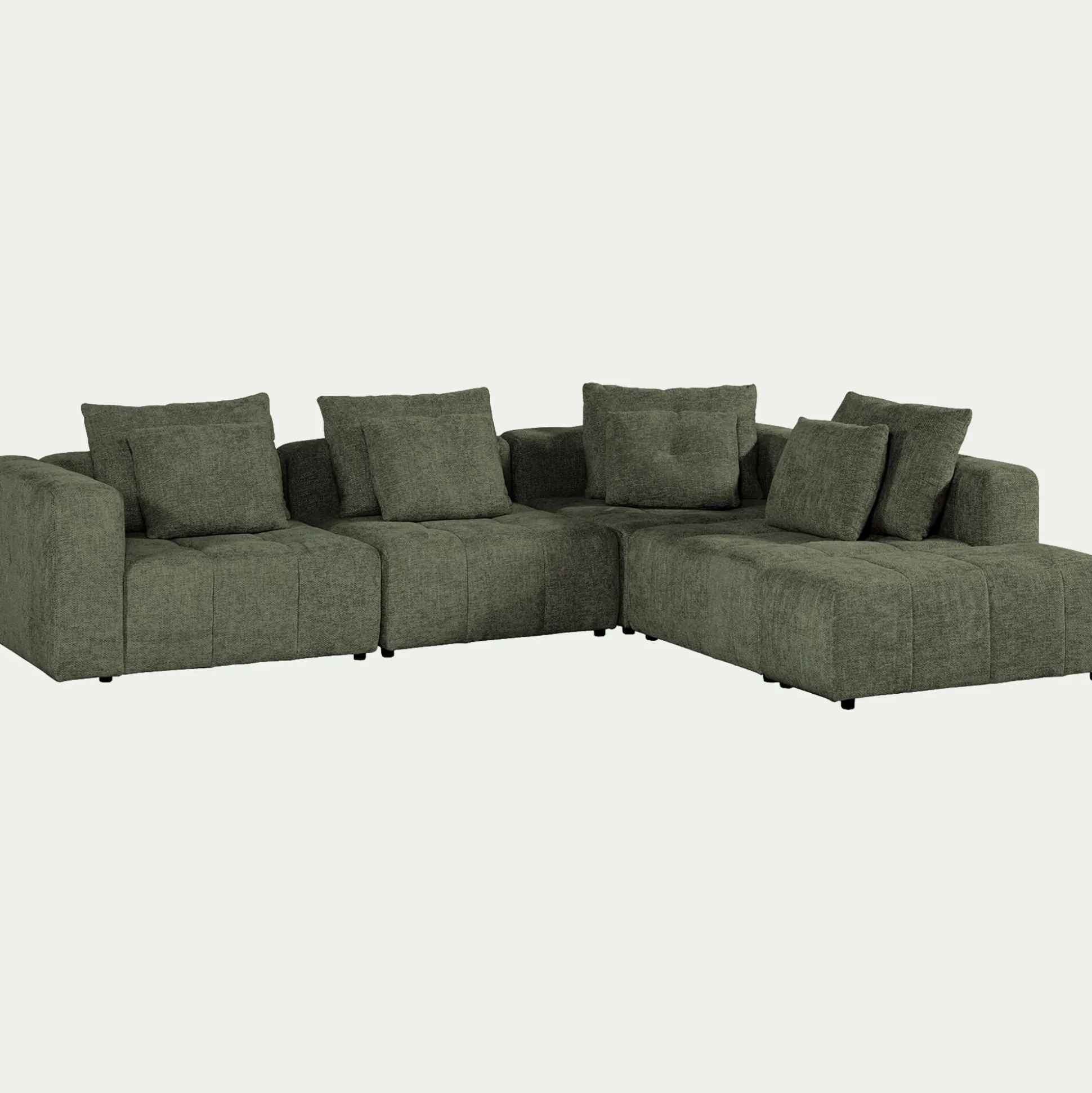 Canapé d'angle droit avec pouf en tissu Benjo - vert cèdre