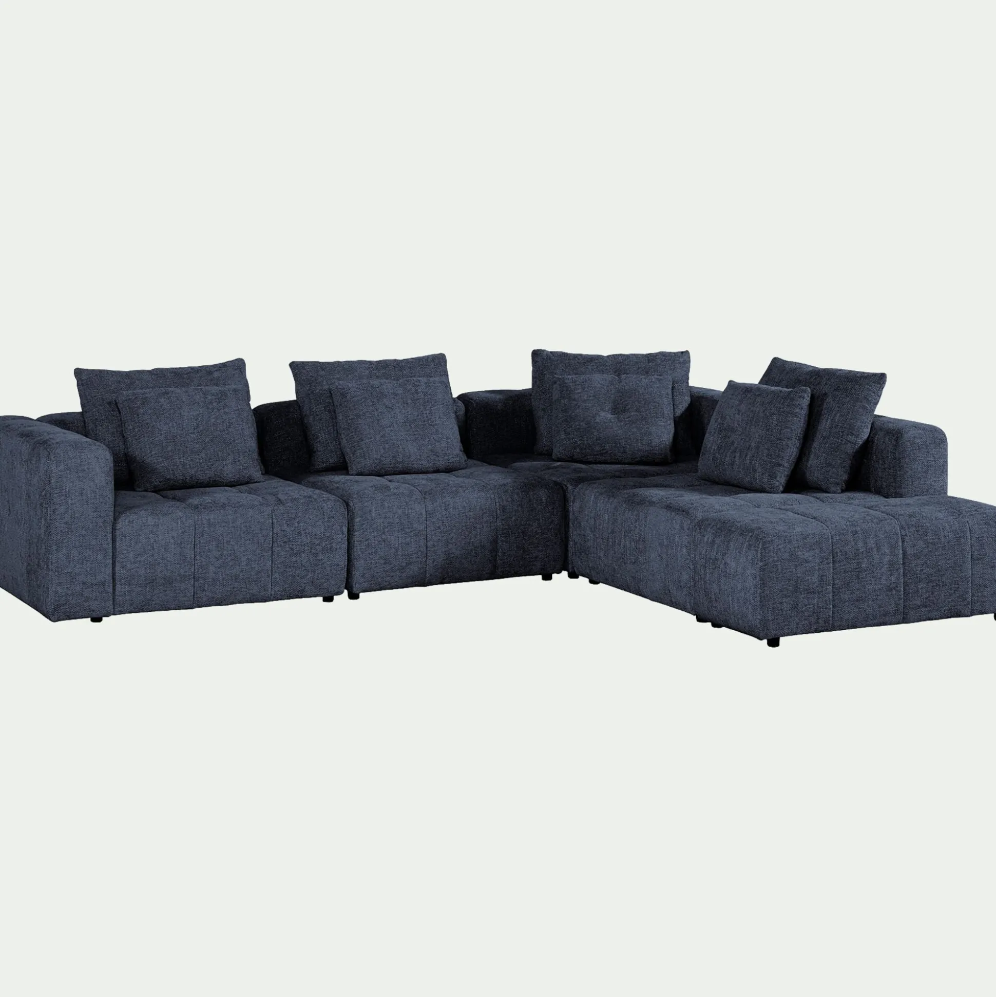 Canapé d'angle droit avec pouf en tissu Benjo - bleu marine
