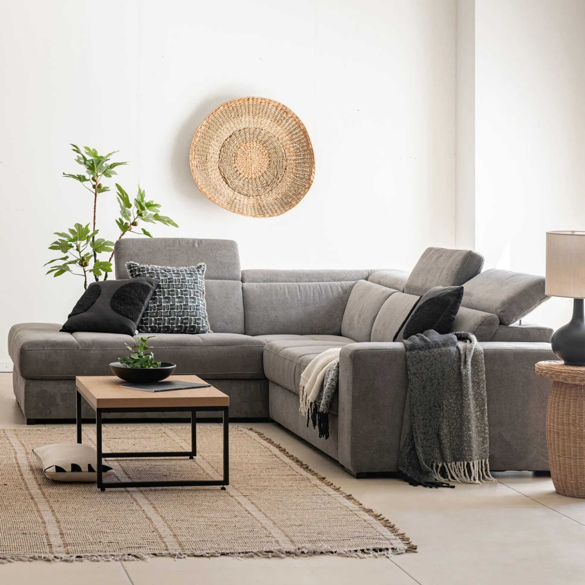 Canapé d'angle gauche convertible avec coffre en tissu doux - gris