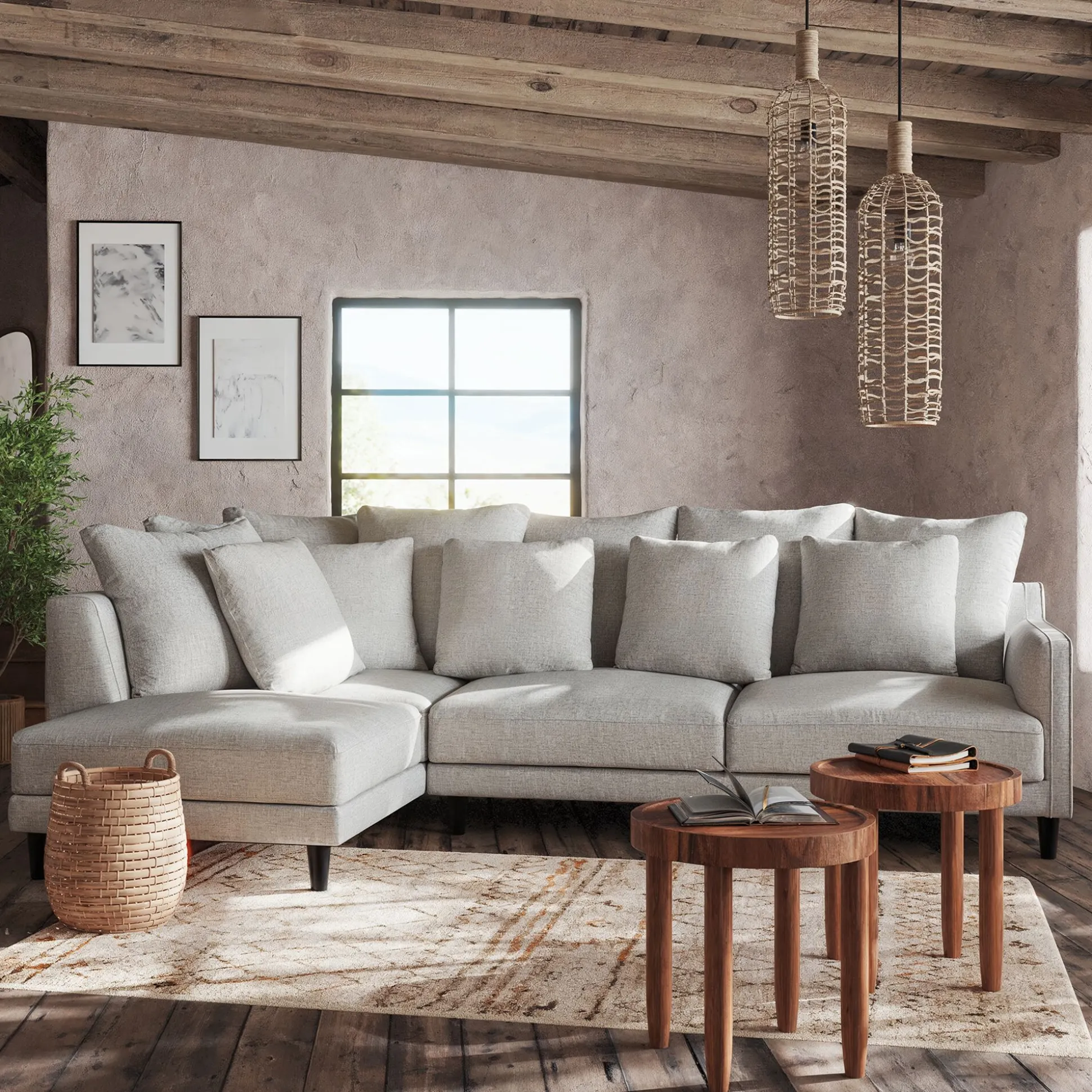 Canapé d'angle gauche convertible en tissu joint - gris borie