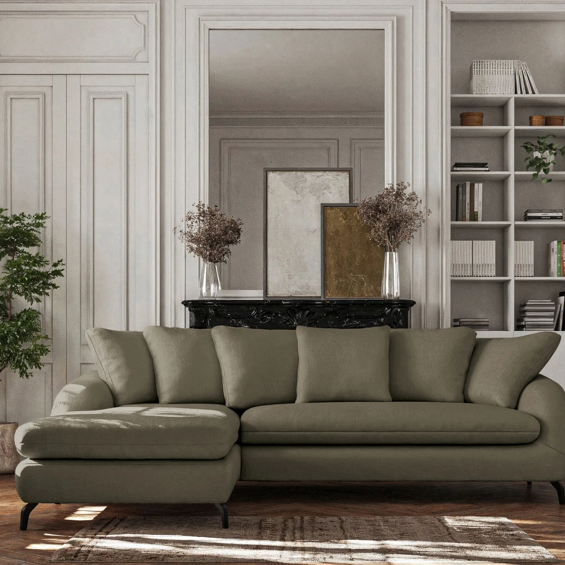 Canapé d'angle gauche convertible en tissu silent - vert garrigue