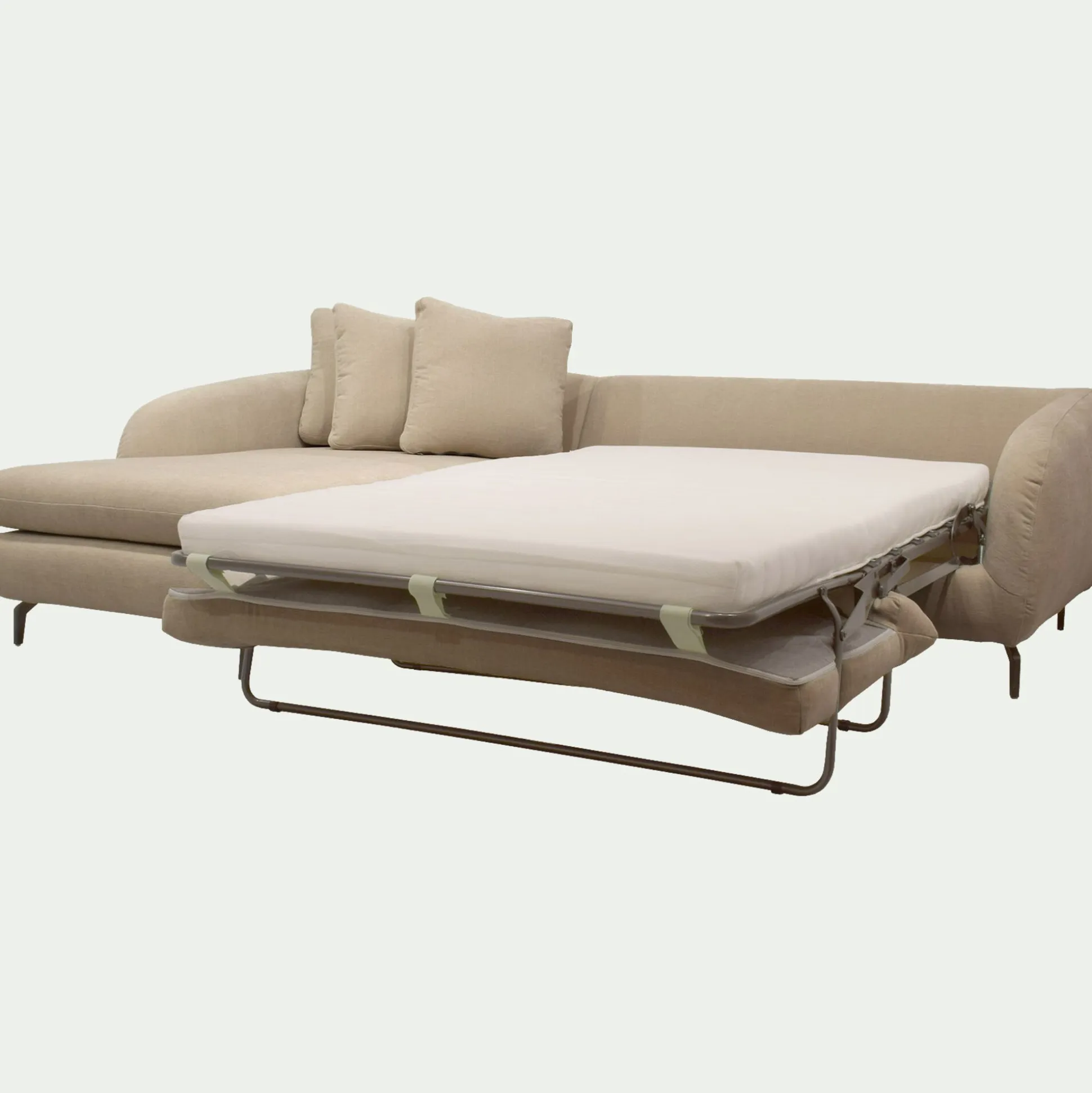 Canapé d'angle gauche convertible en tissu doux tramé - beige