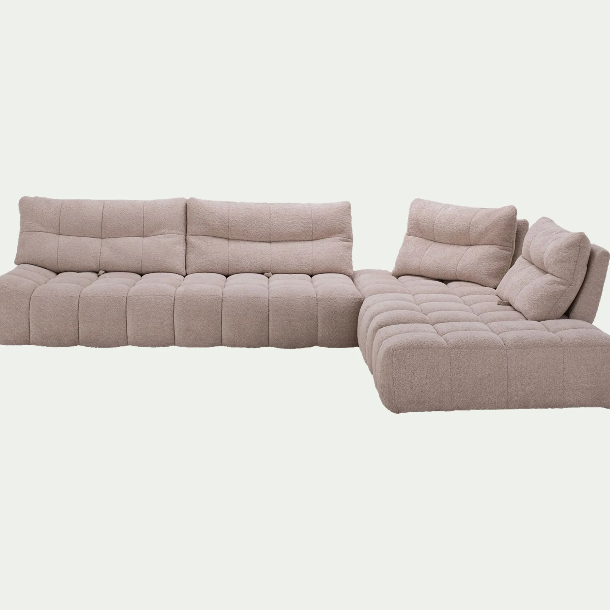 Canapé d'angle modulable avec chauffeuse et pouf en tissu campo- beige