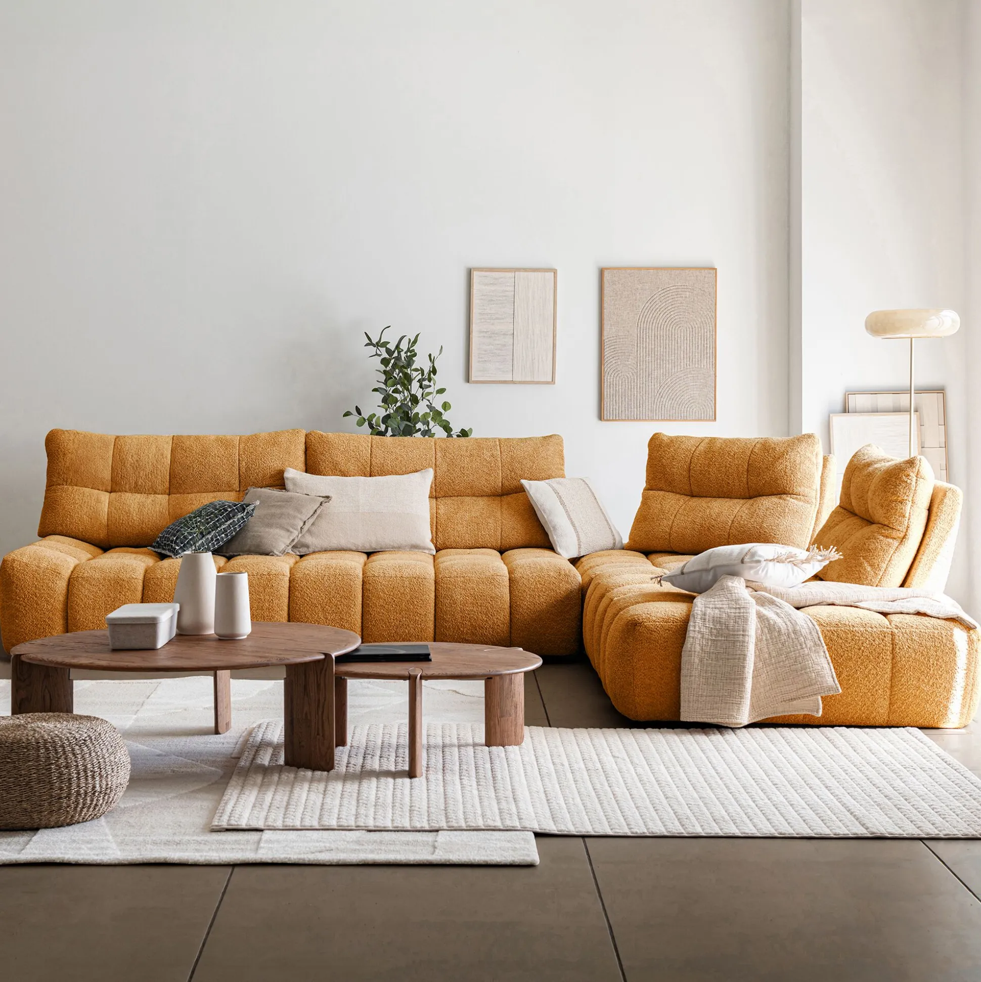 Canapé d'angle modulable avec pouf en tissu campo - jaune argan