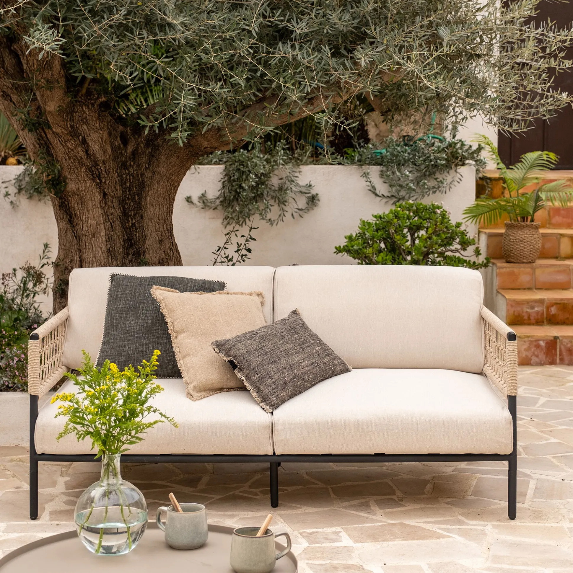 Canapé de jardin en acier et corde - beige (2 places)