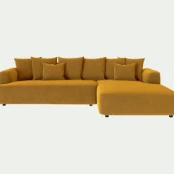 Canapé grand angle droit fixe en tissu velours - jaune argan