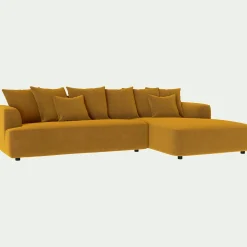 Canapé grand angle droit fixe en tissu velours - jaune argan