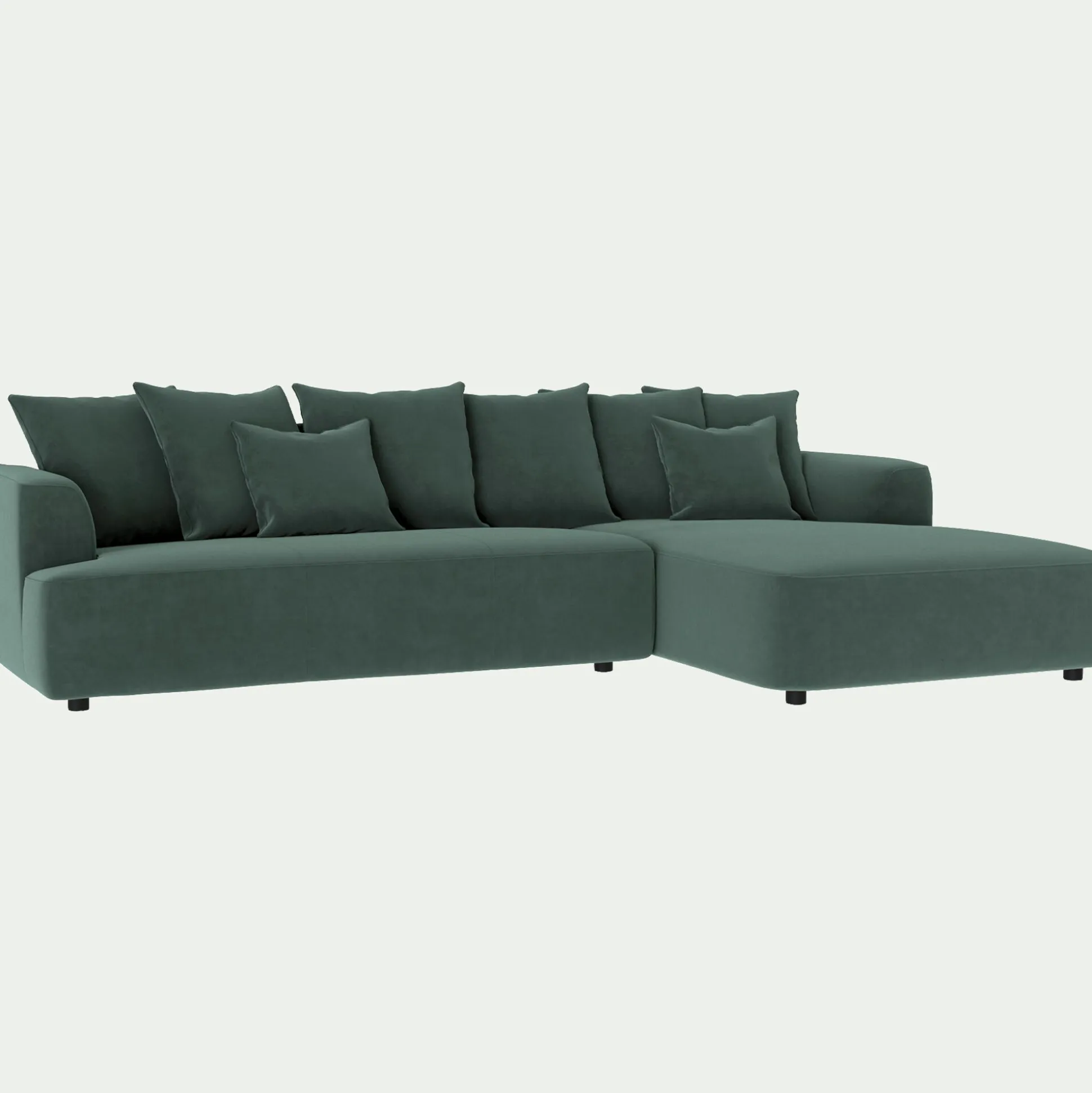 Canapé grand angle droit fixe en tissu velours - vert sauge