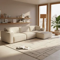Canapé grand angle droit fixe en tissu tramé - beige