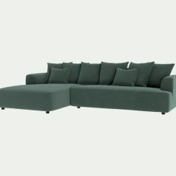 Canapé grand angle gauche fixe en tissu velours - vert sauge