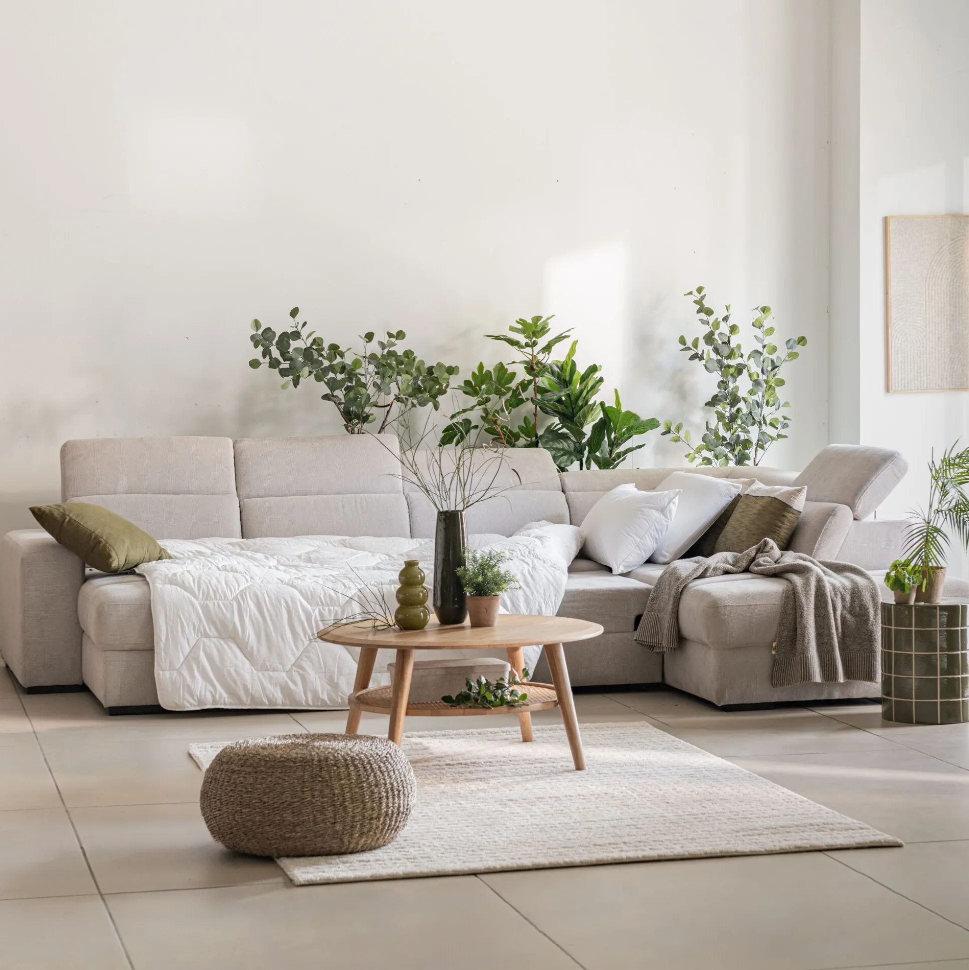 Canapé panoramique convertible avec méridienne gauche en tissu doux - beige