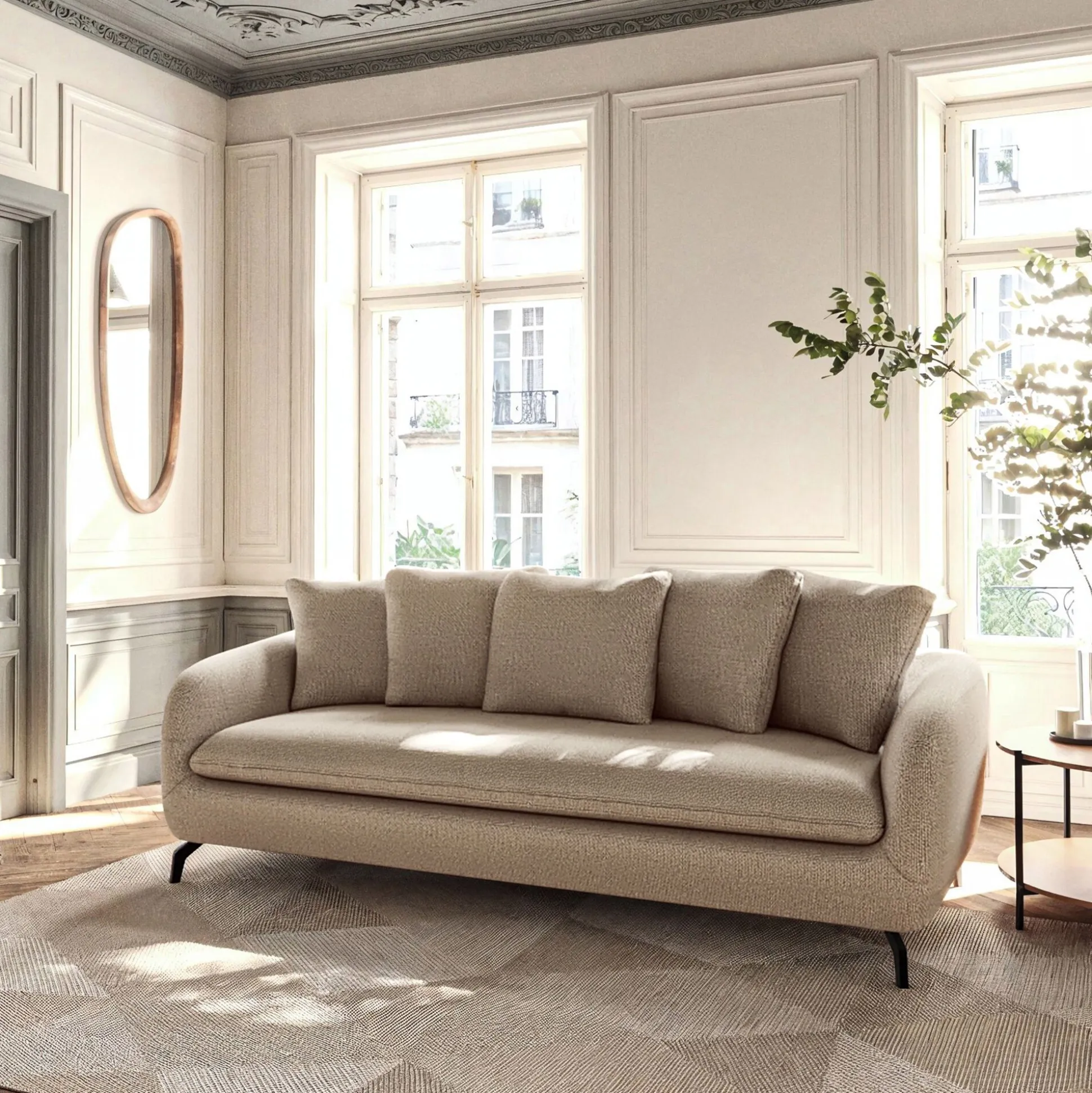Canapé 3 places convertible en tissu doux tramé - beige