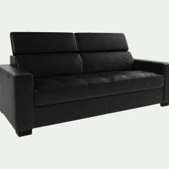 Canapé 3 places fixe en cuir avec accoudoirs 20cm - noir