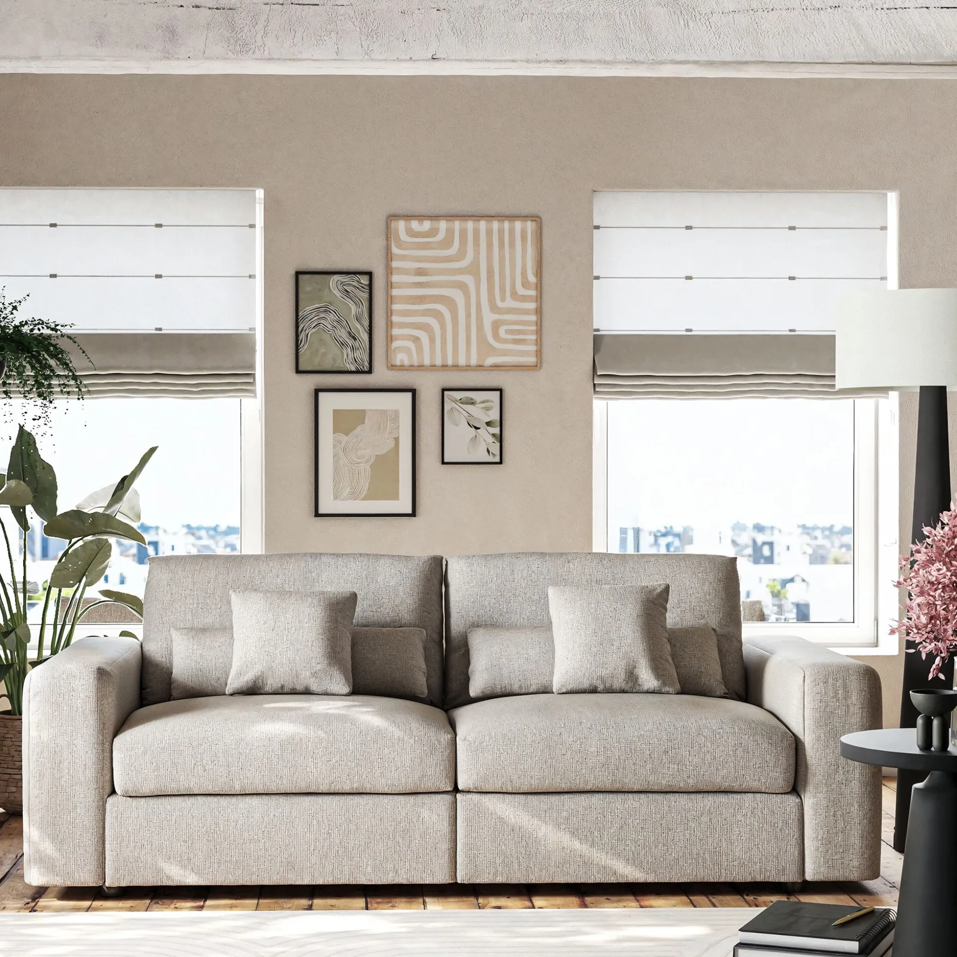 Canapé 5 places fixe en tissu chenille Benjo - beige roucas