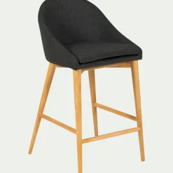 Chaise de bar en tissu gris foncé pieds bois - H66cm
