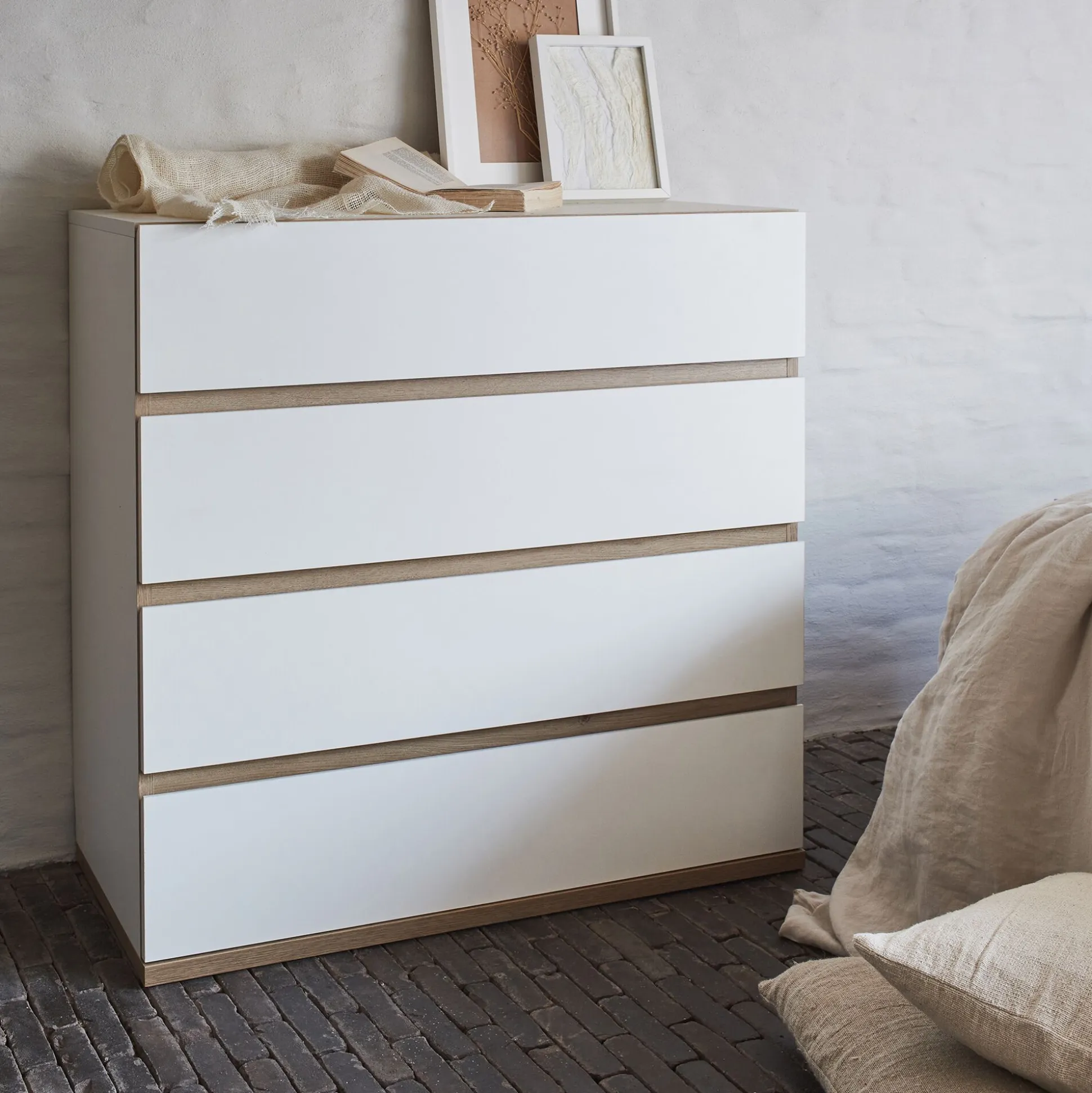 Commode module 4 tiroirs en bois effet chêne H94XL94cm - blanc