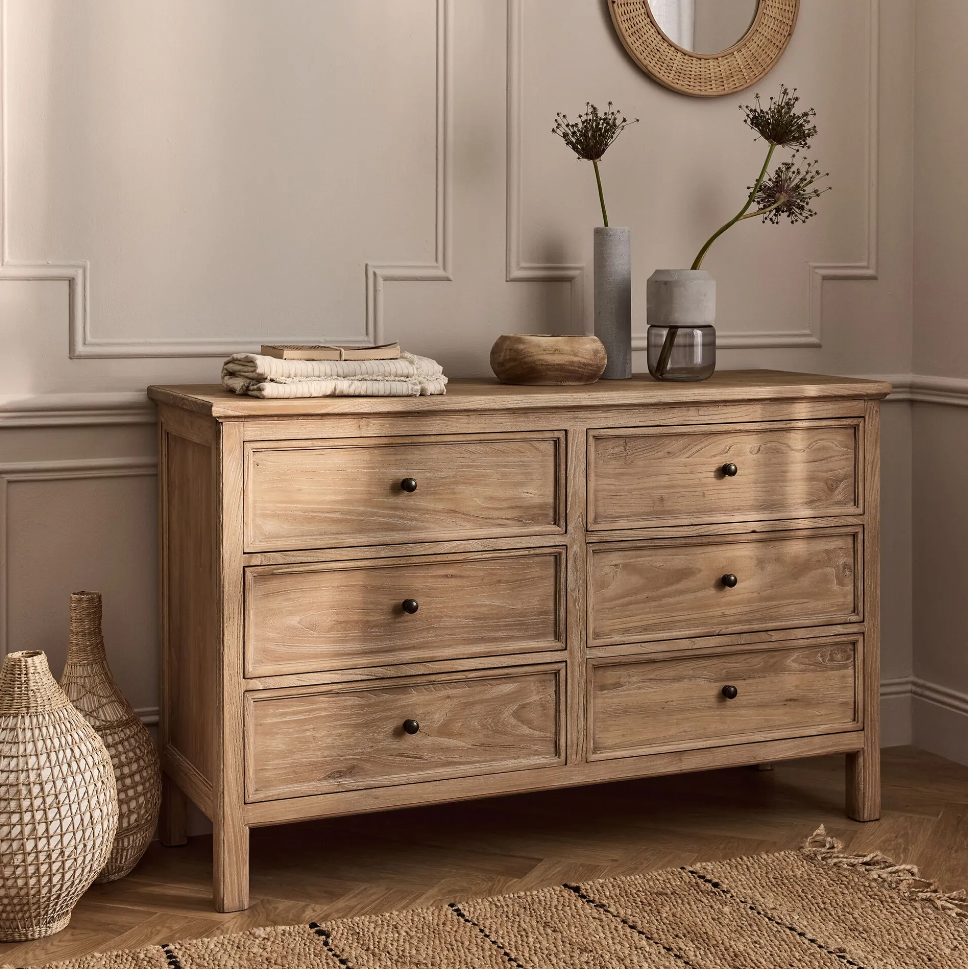 Commode 6 tiroirs en bois d'orme et de pin - bois clair