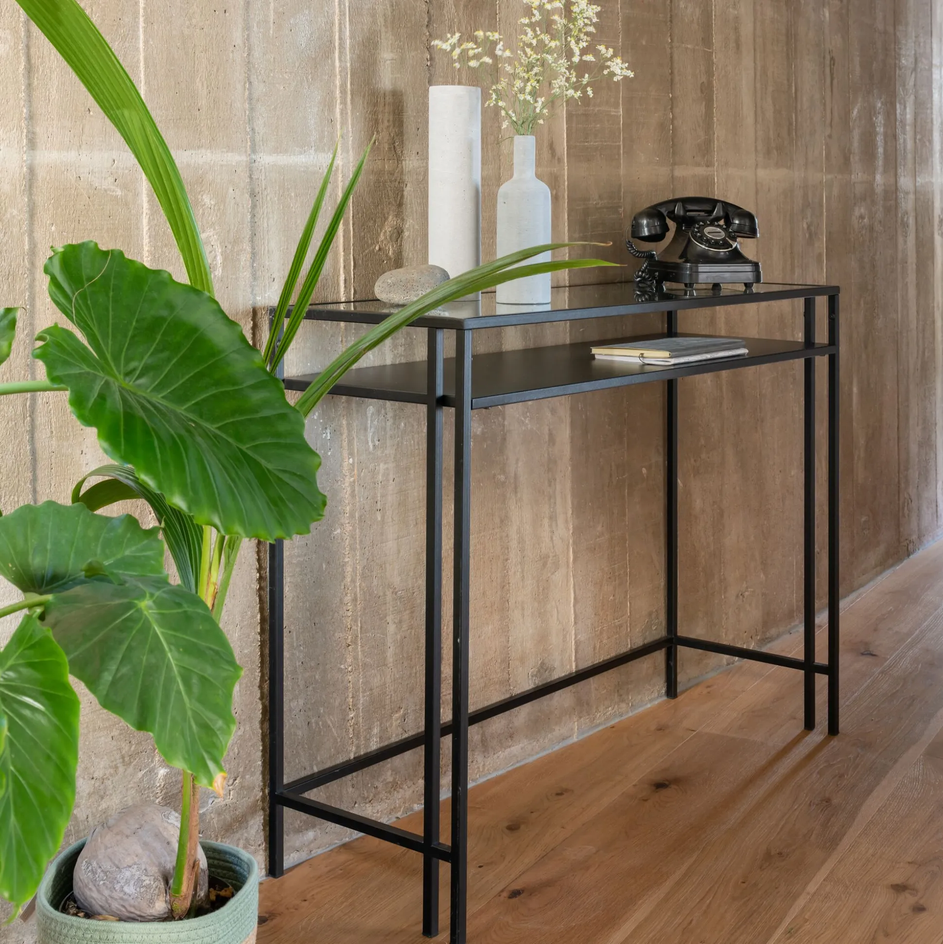 Console en verre et acier - noir L100xP35xH78cm