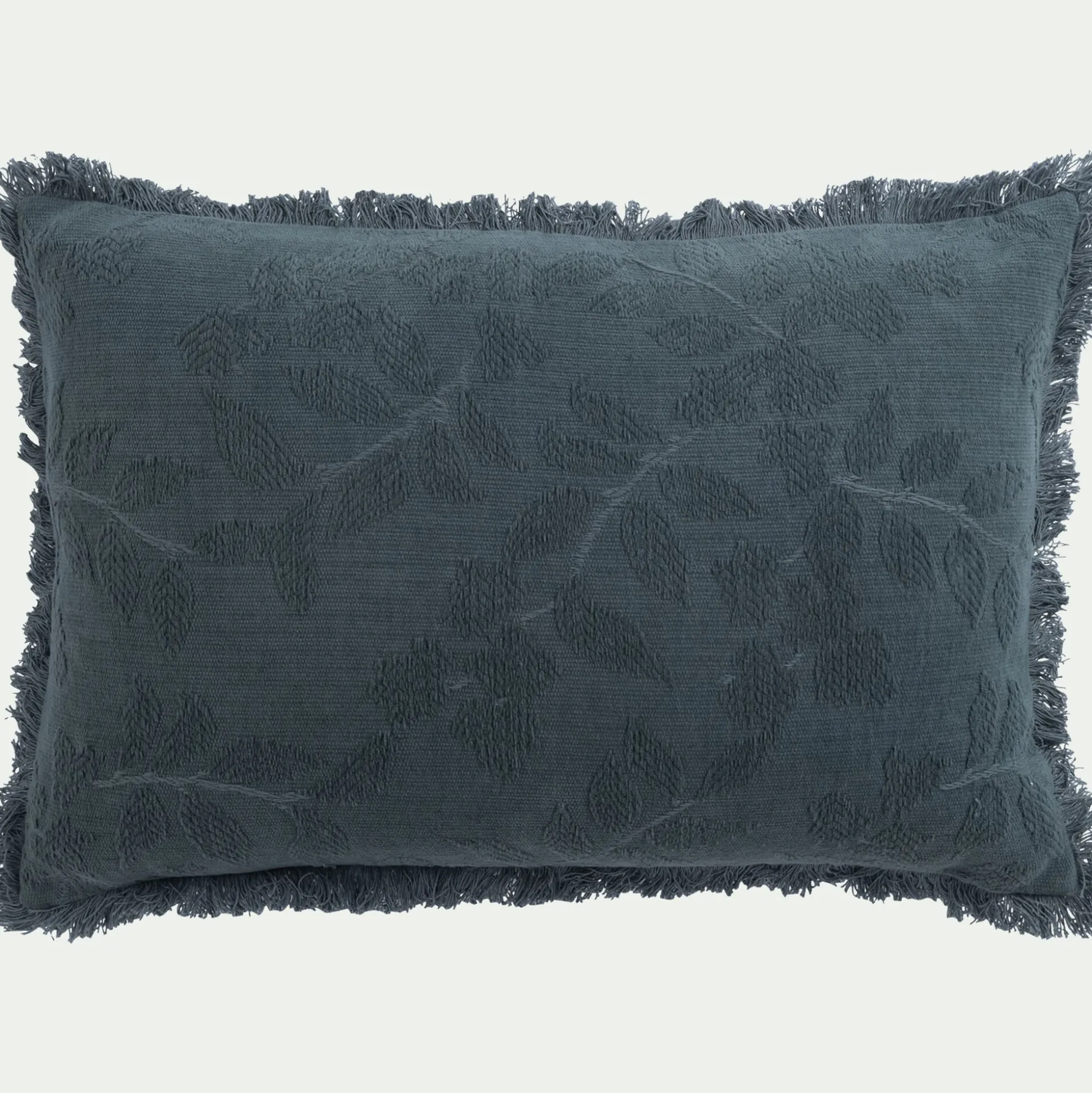 Coussin en coton motif feuille en tissage jacquard finition franges 40x60cm - vert eucalyptus