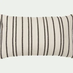 Coussin à rayures brodées en coton 30x50cm - noir et écru