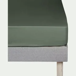 Drap housse en percale de coton 140x200cm B30cm - vert cèdre