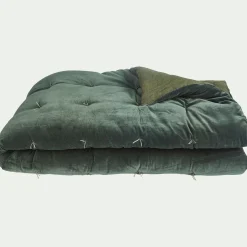 Édredon en velours de coton 100x180cm surpiquage pompons - vert cèdre