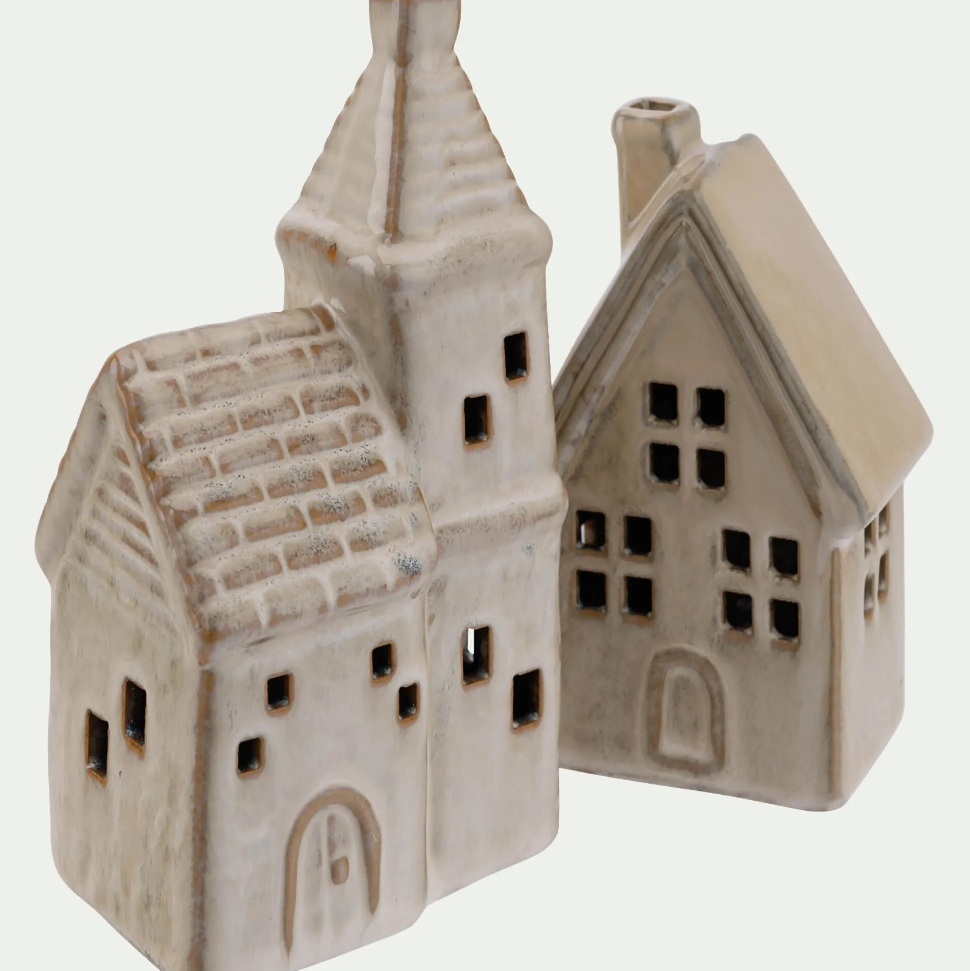 Eglise décorative à poser lumineuse en porcelaine - beige