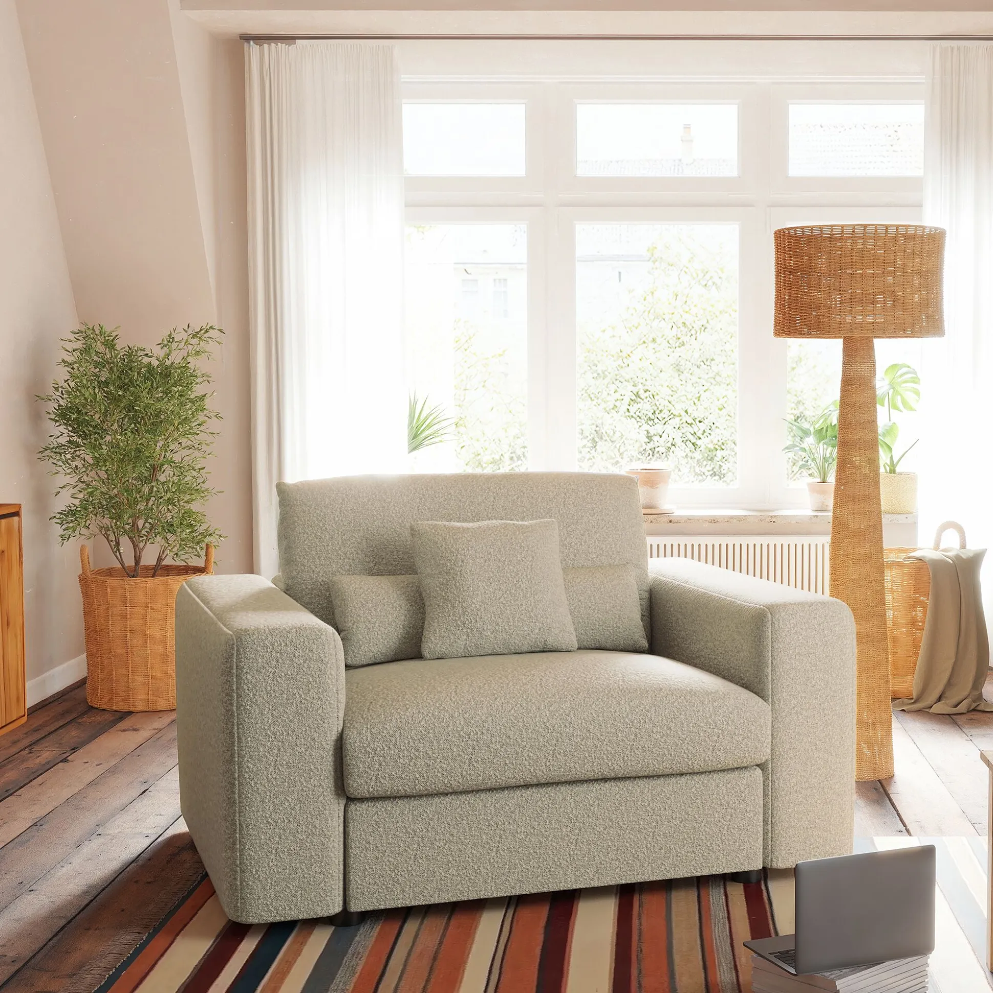 Fauteuil fixe en tissu bouclette - blanc écru