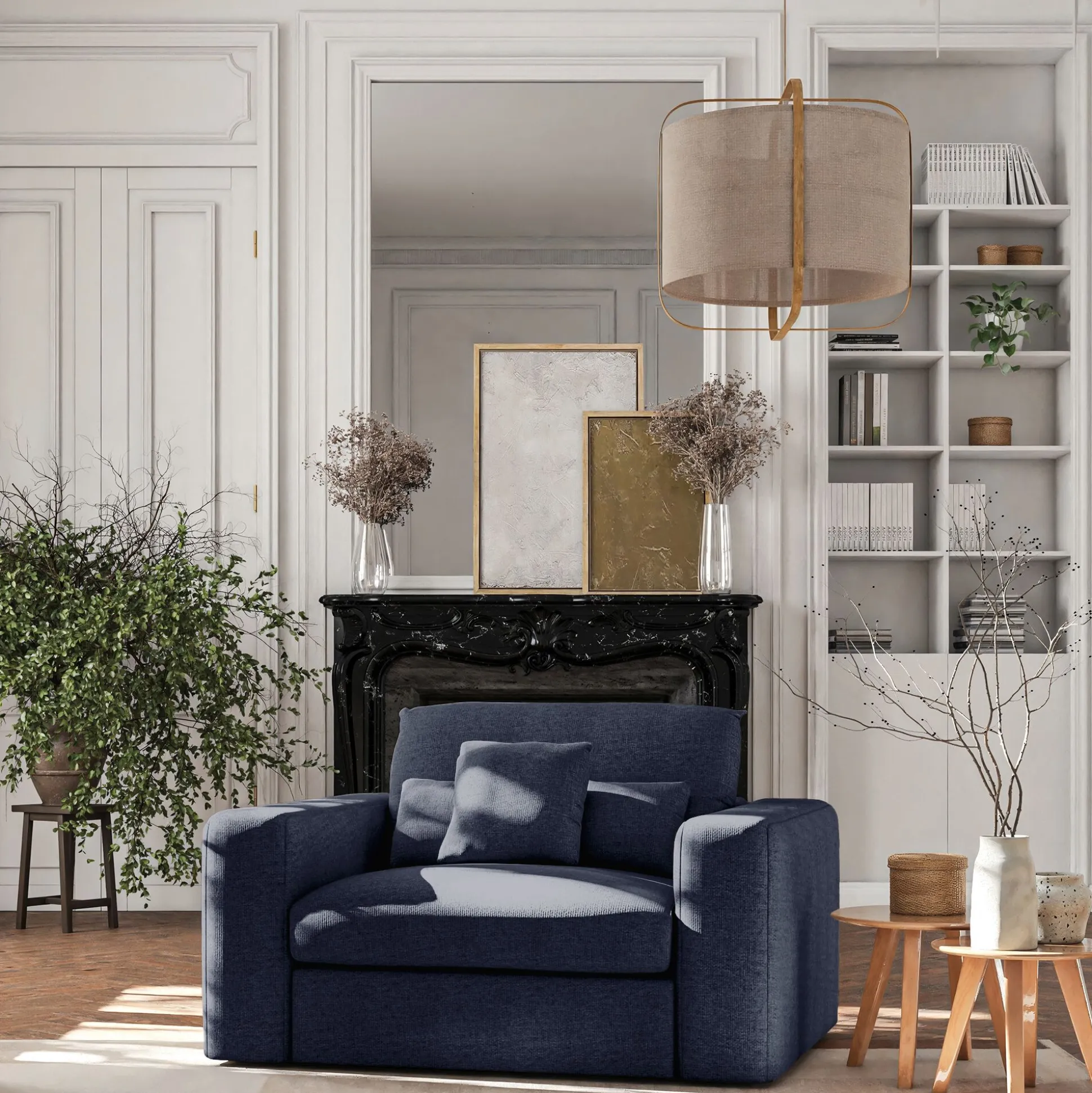 Fauteuil fixe en tissu chenille - bleu marine