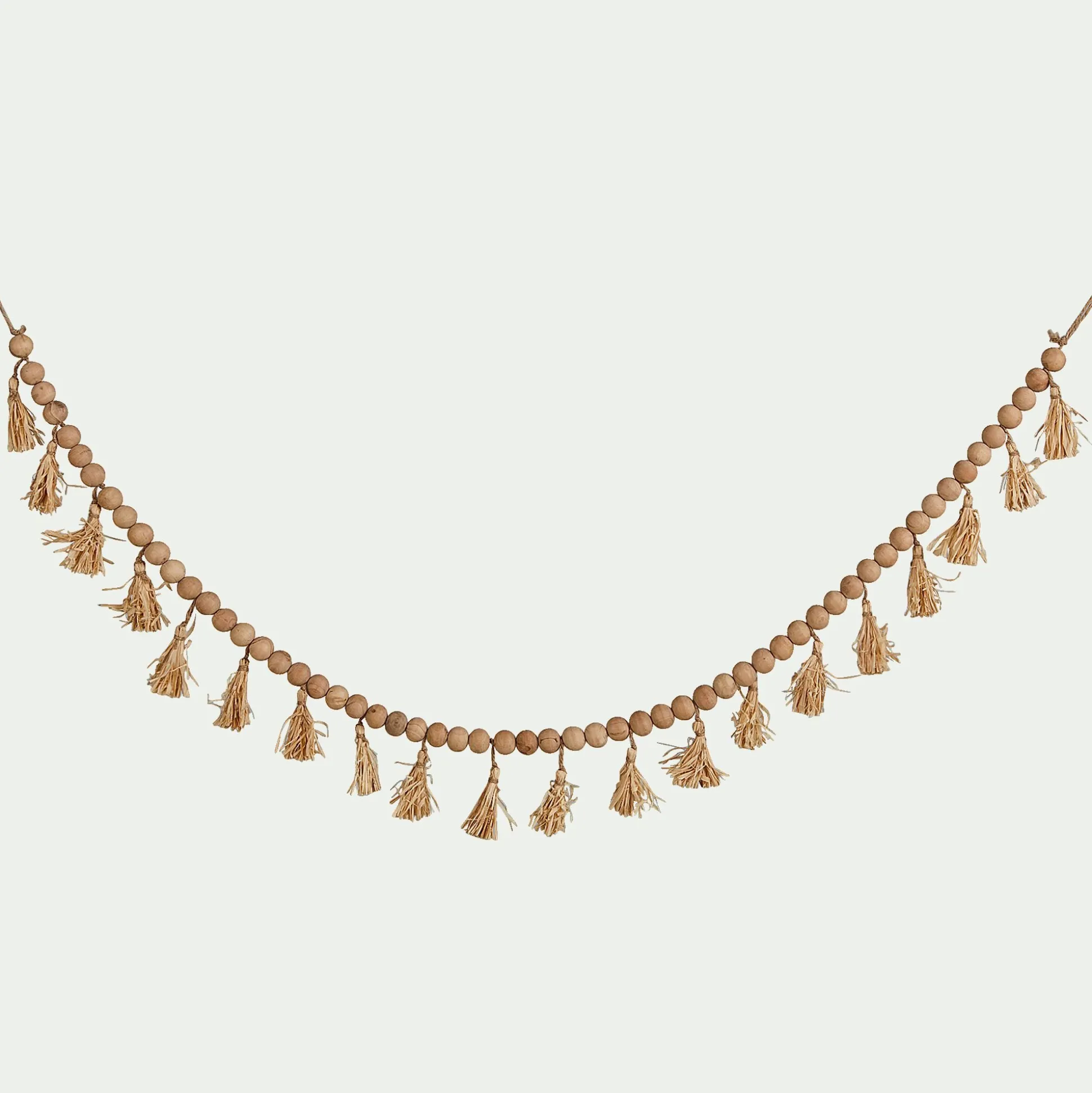 Guirlande perles de bois et pompons en raphia - naturel L155cm