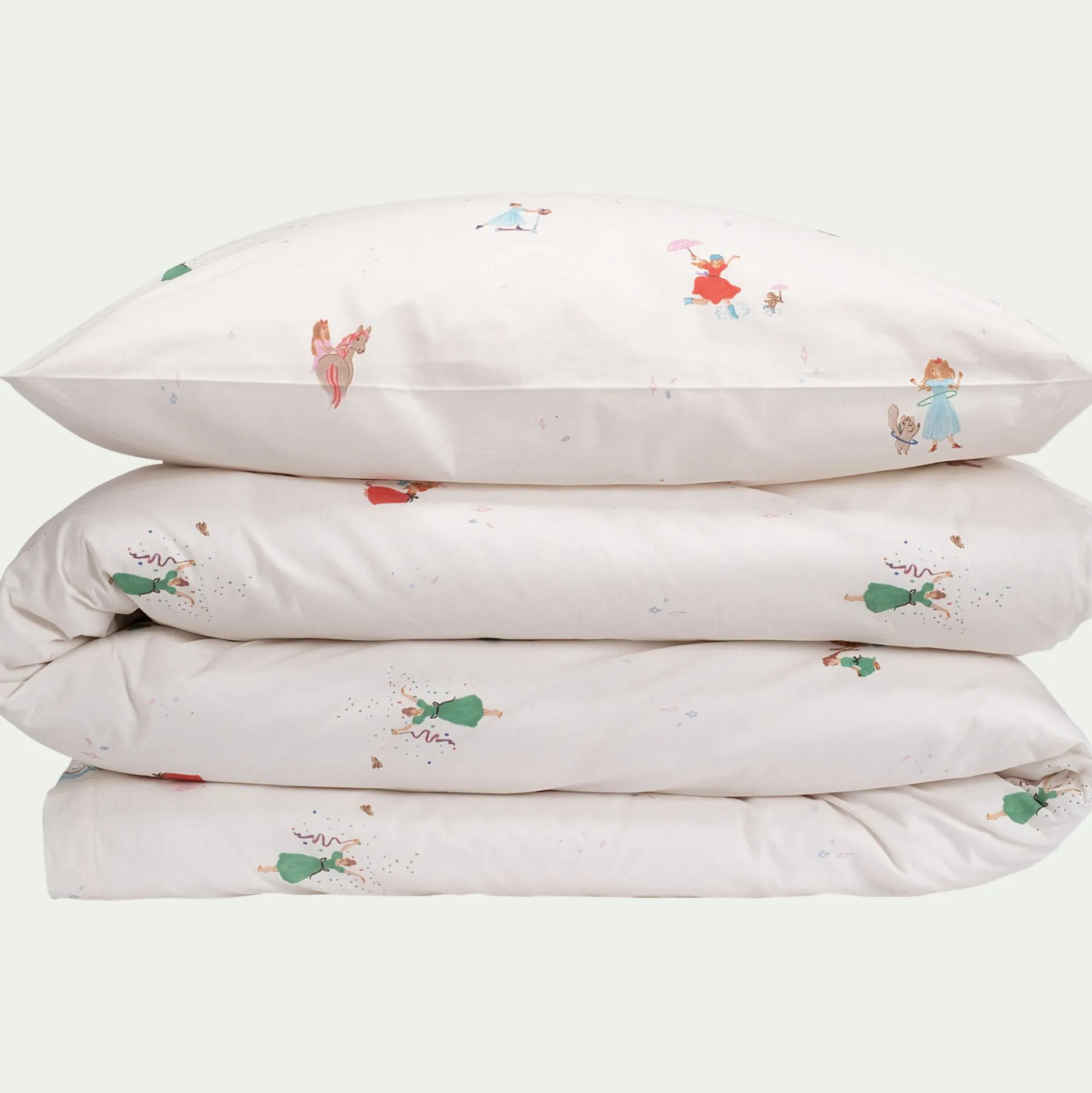 Housse de couette enfant 140x200cm et 1 taie d'oreiller 63x63cm motif princesse en coton - blanc